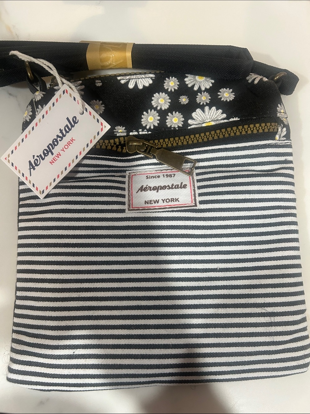 Aeropostale Black and White Striped Crossbody with Daisy Accent